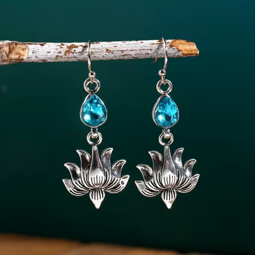 Blue Topaz & 9.25 Sterling Siver Lotus Handcrafted Earrings 2”
